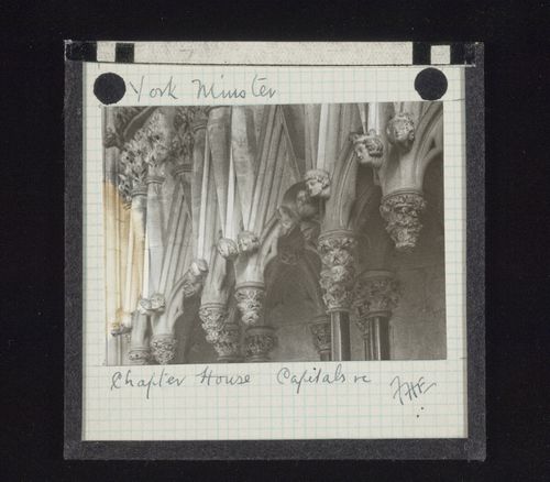 View of canopies with sculptures and capitals in Chapter House of York Minster, York, North Yorkshire, England