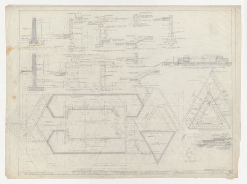 Wayfarers' Chapel, Palos Verdes, California: Foundation plans for chapel, campanile and pool developed on an equilateral parallelogram grid, with sections showing concrete work
