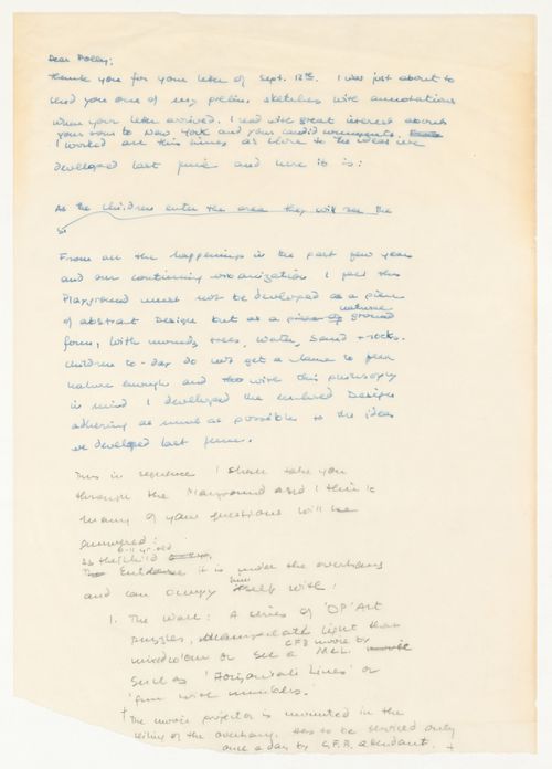 Draft letter from Cornelia Hahn Oberlander to Polly Hill for Children's Creative Centre Playground, Canadian Federal Pavilion, Expo '67, Montréal, Québec