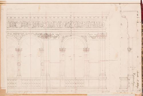 Partial elevation and wall section for the principal façade indicating the form of the rough cut stone, Hôtel Soltykoff