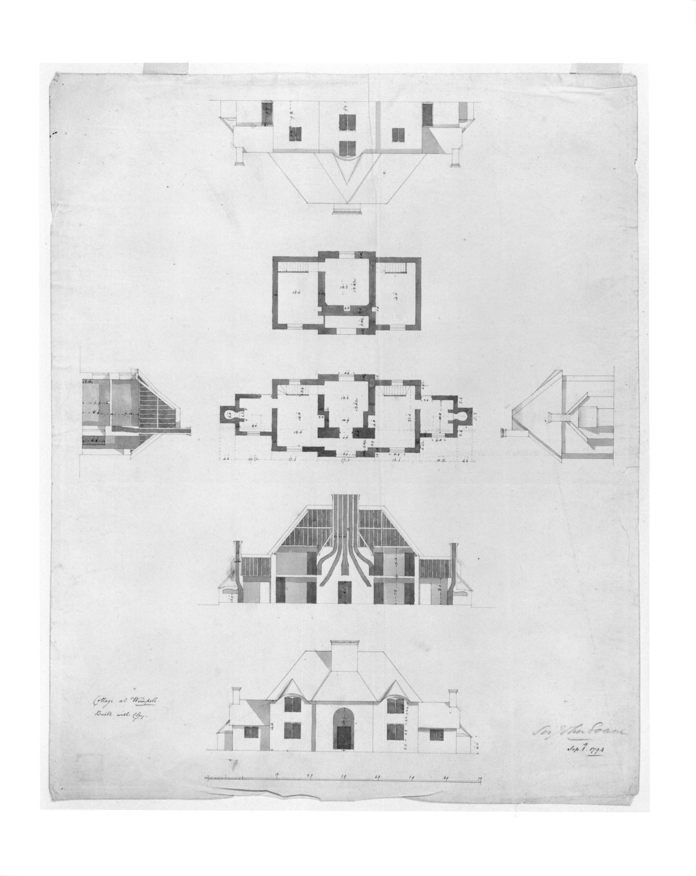 Wimpole Hall, Cambridgeshire, England: Plans, elevations and sections for a cottage