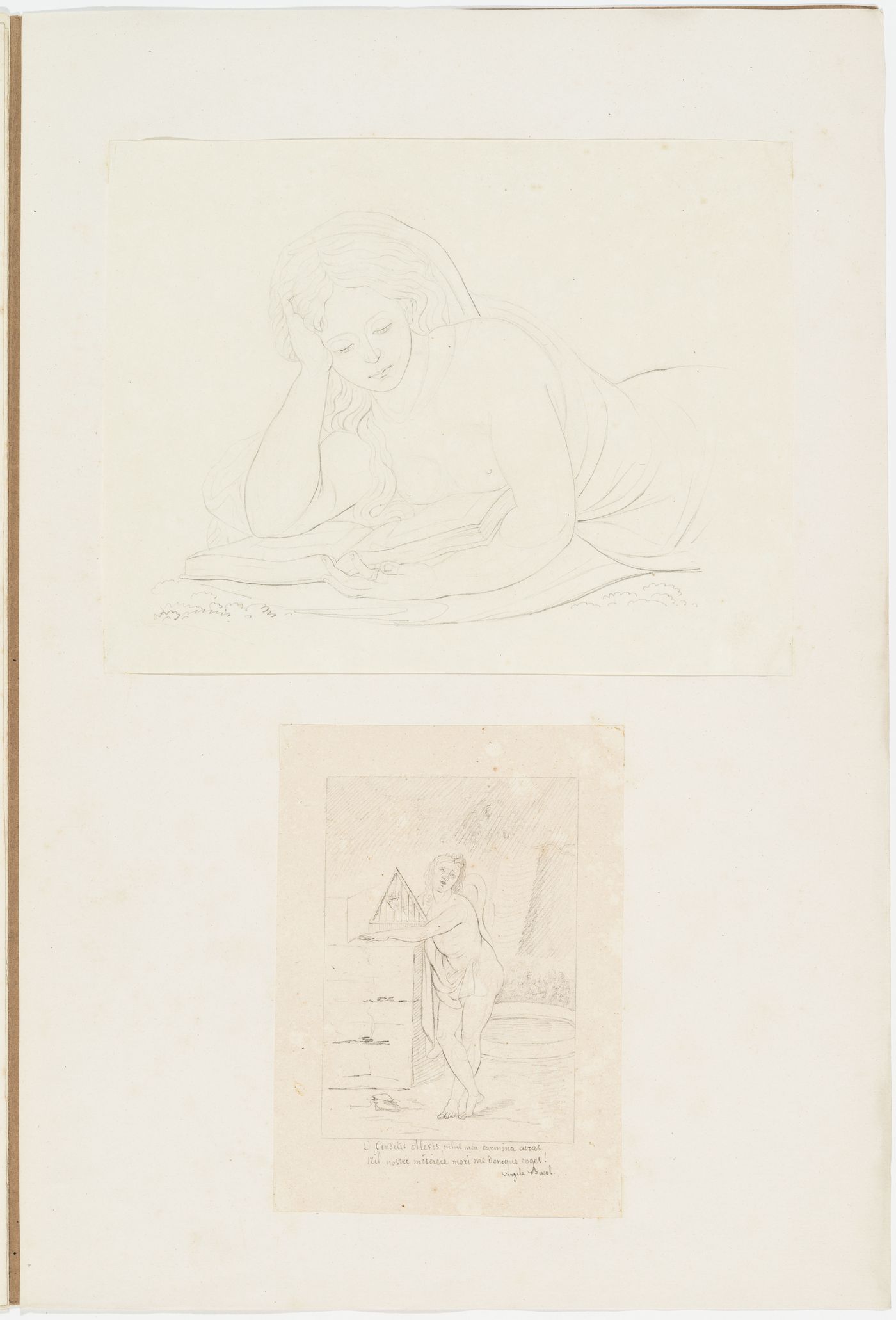 Drawing of a recumbent female figure reading a book; Drawing of a partially draped figure after a passage in Virgil's Bucolics