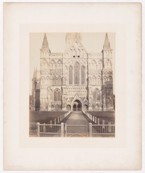 View of the west front of Salisbury Cathedral, gate in foreground, Salisbury, England