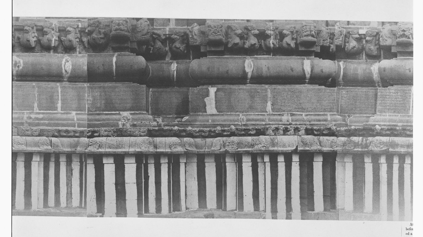 Partial view of the inscription panel at the base of the bimanum [sanctuary], Pirakatisvarar Tirukkoyil (also known as the Brihadisvara or Rajarajesvara Temple), Tanjore (now Thanjuvar), India