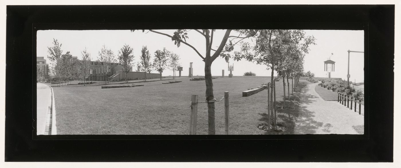 Panorama from the northwest showing the allegorical columns and the meadow, CCA garden, Montréal, Québec, Canada