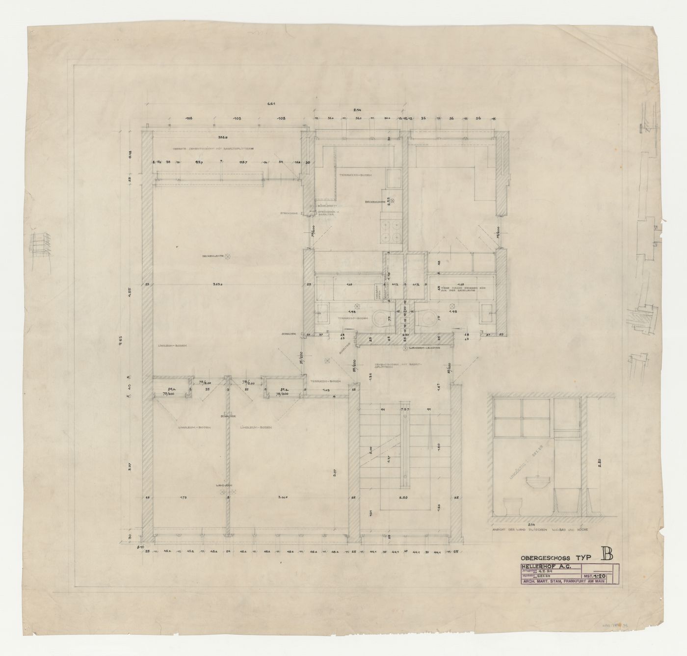 First floor plan and section for a type B housing unit, Hellerhof Housing Estate, Frankfurt am Main, Germany