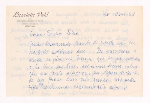 Correspondence from Lieselotte Pohl to Siza for Madame Lotte Pohl, Santiago do Cacém, Portugal