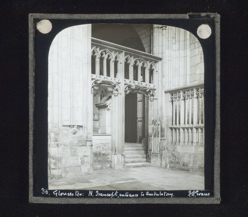 View of entrance to ambulatory, north transept of Gloucester Cathedral, Gloucester, Gloucestershire, England