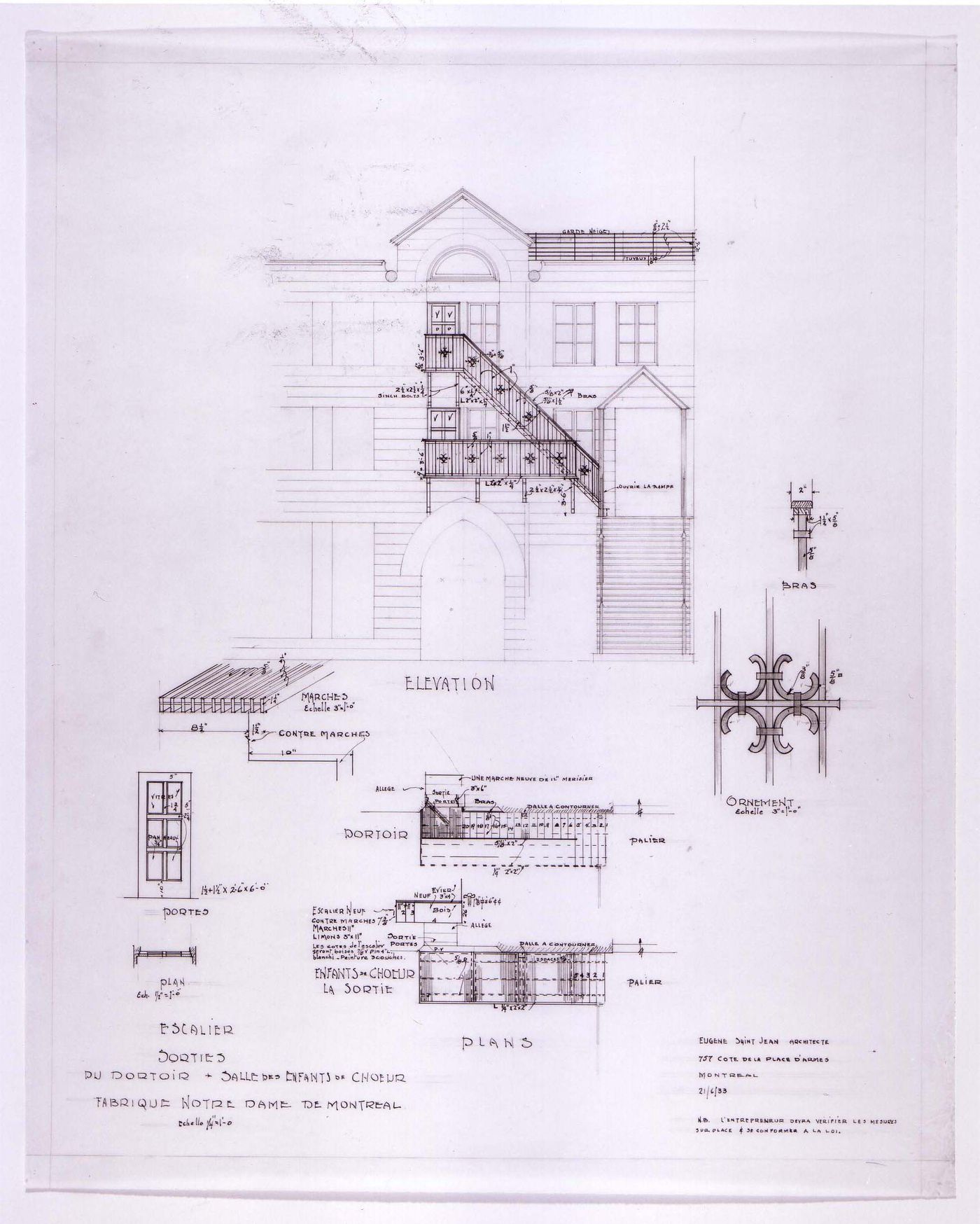 Elevations, plans and details for a fire escape for a dormitory and children's choir room for Notre-Dame de Montréal, apparently for the renovations of 1929-1949