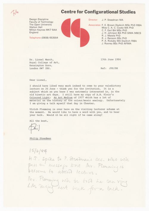 Letter from Philip Steadman to Lionel March