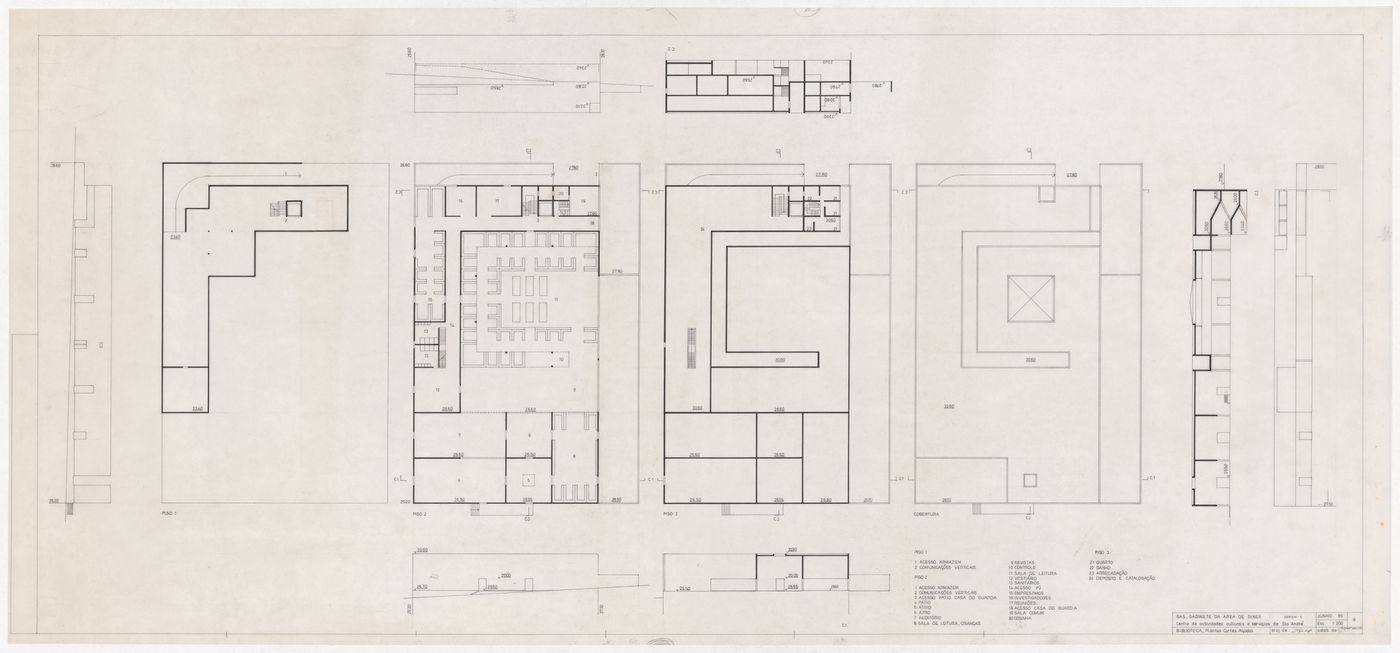 Library floor plans, sections and elevations for Centro Cultural de Sines, Sines, Portugal