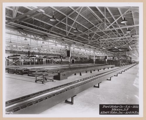 Interior view of assembly lines in the Assembly Building, Ford Motor Company Automobile Assembly Plant, Mexico City, Mexico
