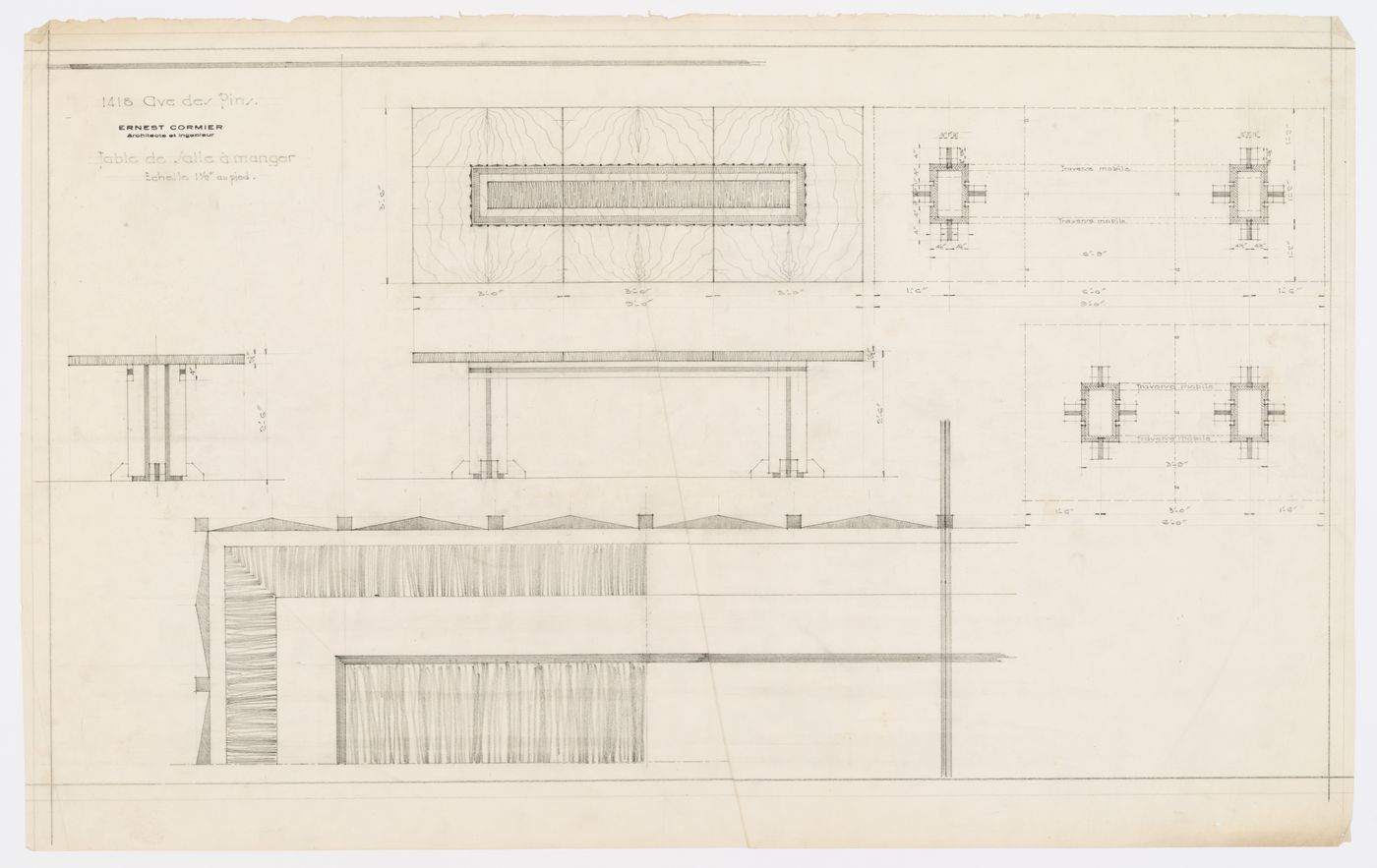 Détails d'une table de la salle à manger,  Résidence Ernest Cormier, 1418 Avenue des Pins Ouest, Montréal, Canada (1929-1957)