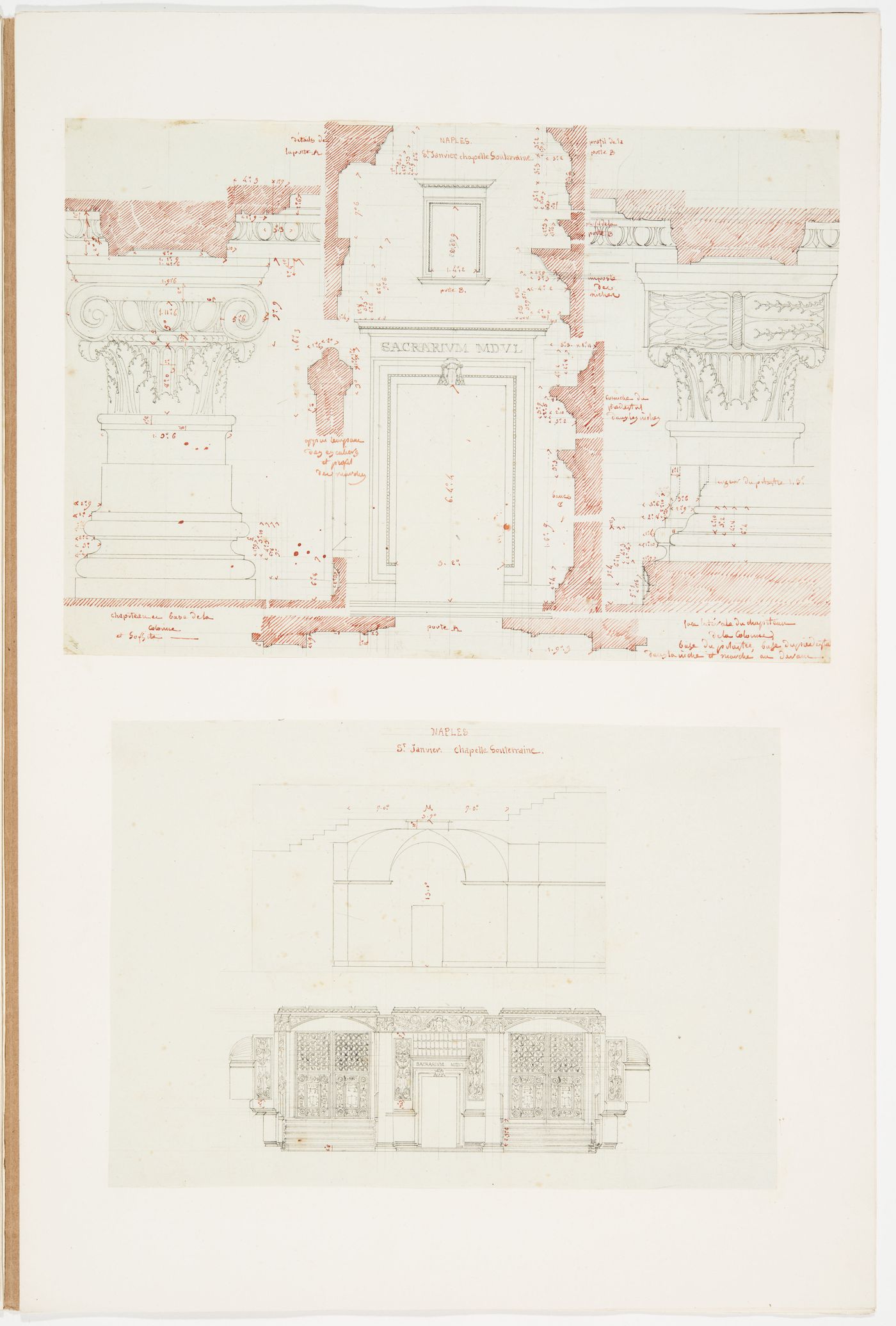 Profiles, elevations, details and a longitudinal section from Cappella del Soccorso, Cathedral San Gennaro, Naples