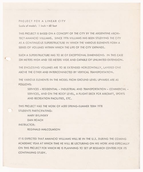 Introduction to Amancio Williams' Linear City project by Reginald Malcolmson and students Mary Bylinsky and Dan Roach