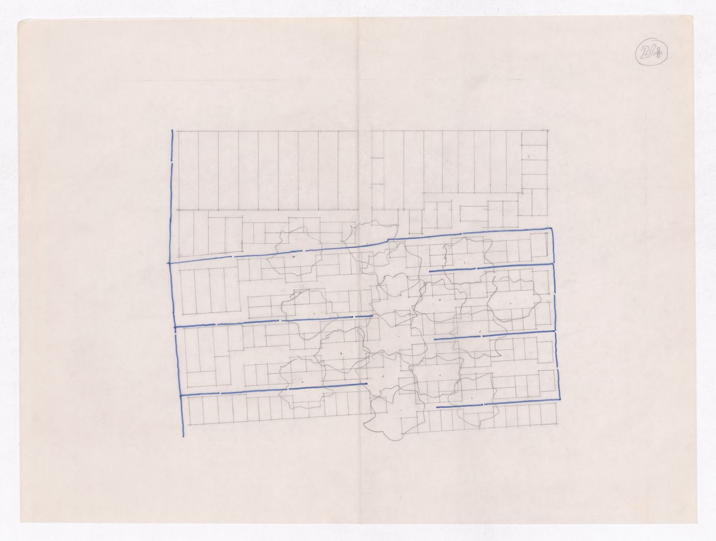 Sketch showing plots layout development for Minimum Cost Housing Group's plot in Aranya township, India, for Aranya Housing Project