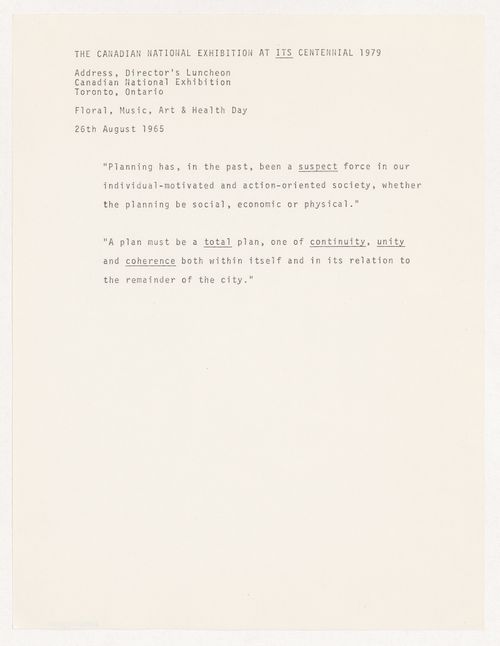 "The Canadian National Exhibition at its Centennial 1969" quotation from Parkin speech given at Canadian National Exhibition Director's luncheon in Toronto