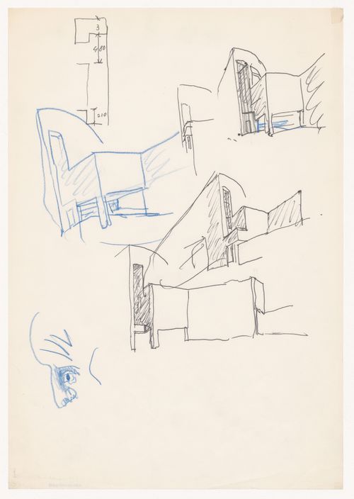 Sketch perspectives and plan for Banco Borges & Irmão II, Vila do Conde, Portugal