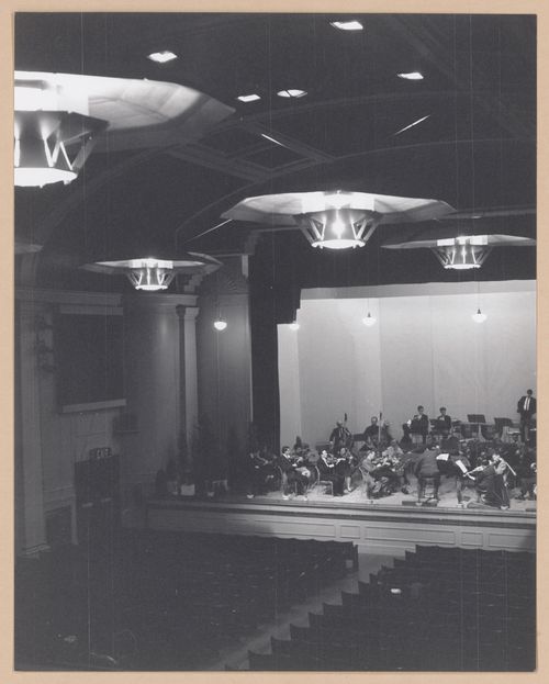 Documentation of a performance in refurbished hall, light fixtures design, Dorking Halls, Dorking, England