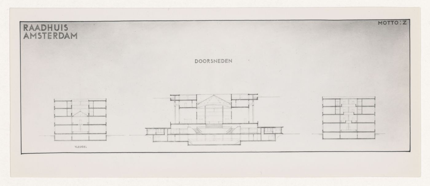 Photograph of sections for J.J.P. Oud's competition entry for Amsterdam City Hall, Netherlands