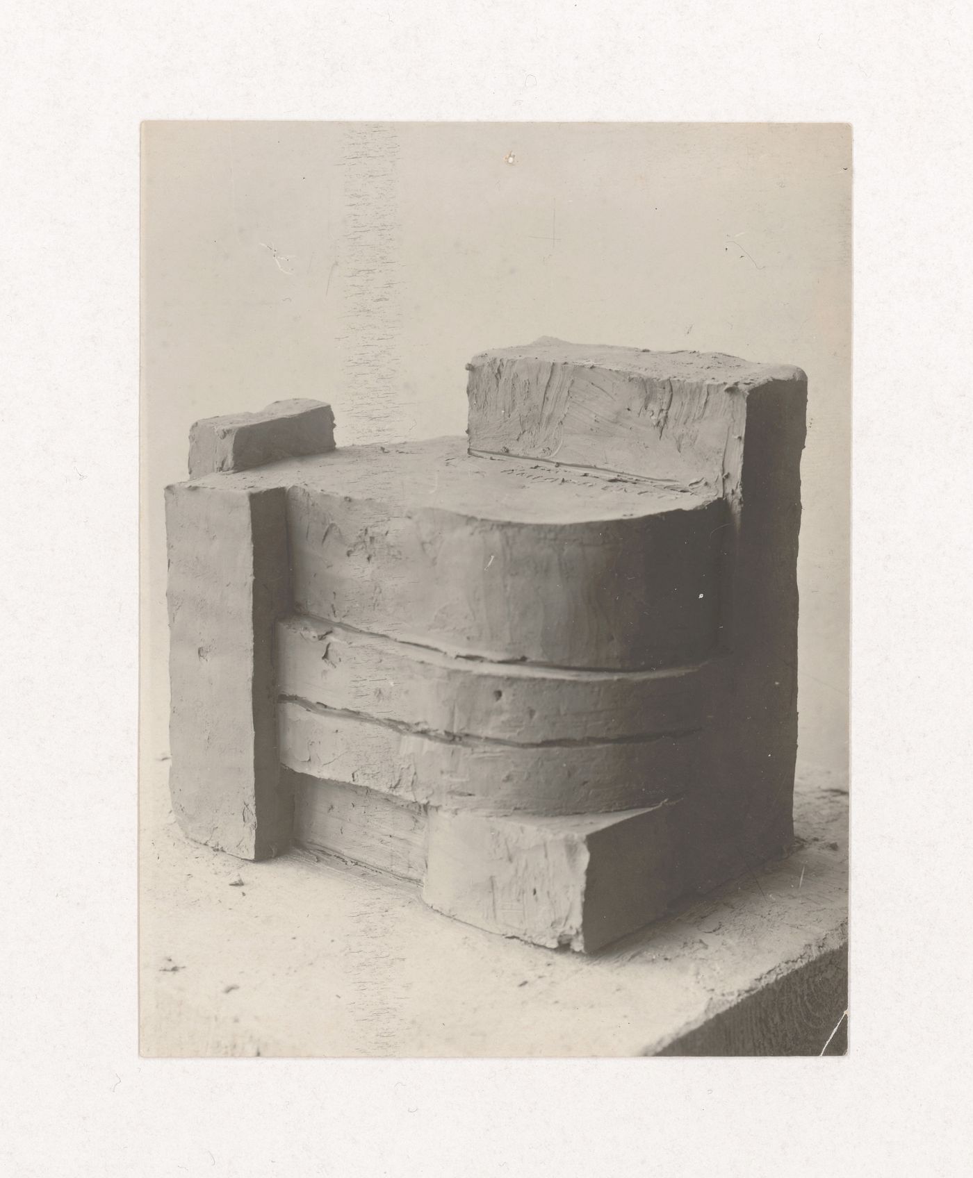 Photograph of a student model on the topic "Finding the Form of Blunt Massive Volume (Parallelepiped, Cylinder, Complex Configuration)" for the "Space" course at the Vkhutemas (Higher State Artistic Technical Studios), Moscow