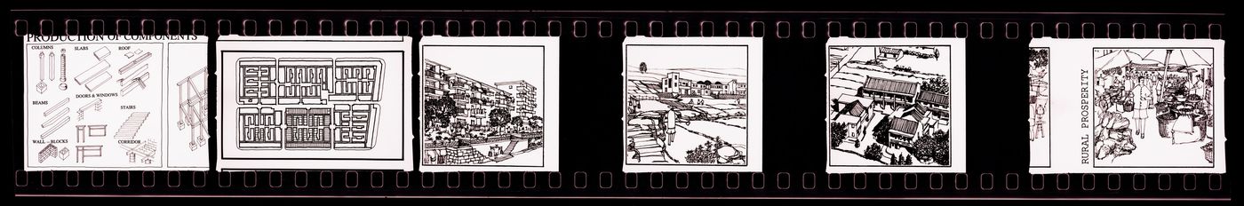 Negative strip of illustrations for the publication "Housing a Billion: Urban Upgrading: Design Ideals for Rural China" publication