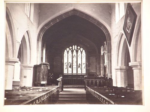 Interior view, looking toward pulpit and window, Marbury, Cheshire, England