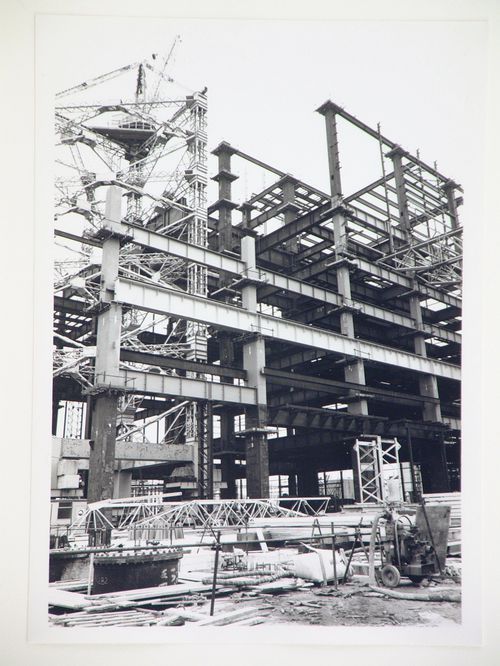 View of construction of steel structure for power station, United Kingdom