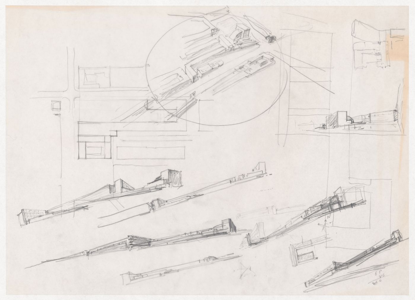 Sketch perspectives, plans and axonometric view for Centro Cultural de Sines, Sines, Portugal