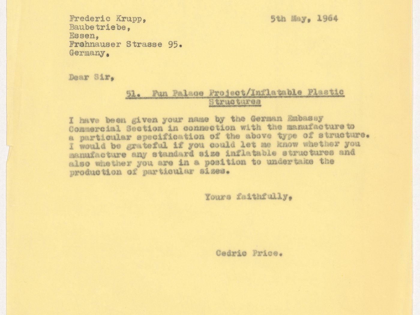 Letter from Cedric Price to Frederic Krupp about Fun Palace Project