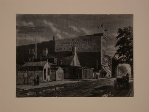 Photograph of a painting of rue Ste-Catherine at the corner of rue St-André, Montréal
