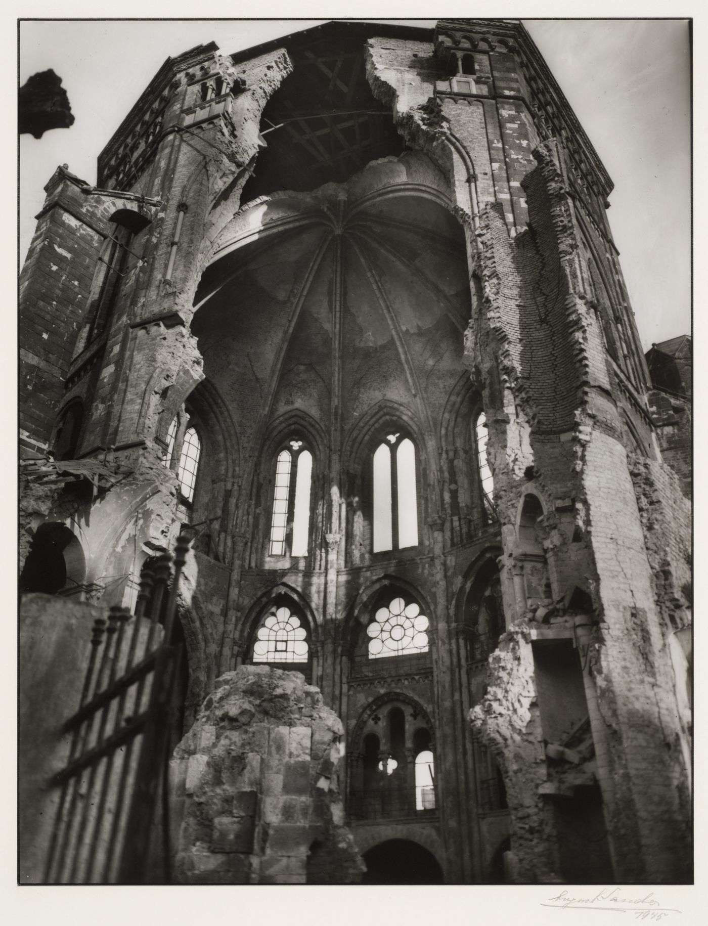 View of destruction on St. Gereon exterior, with view into interior, Cologne, Germany
