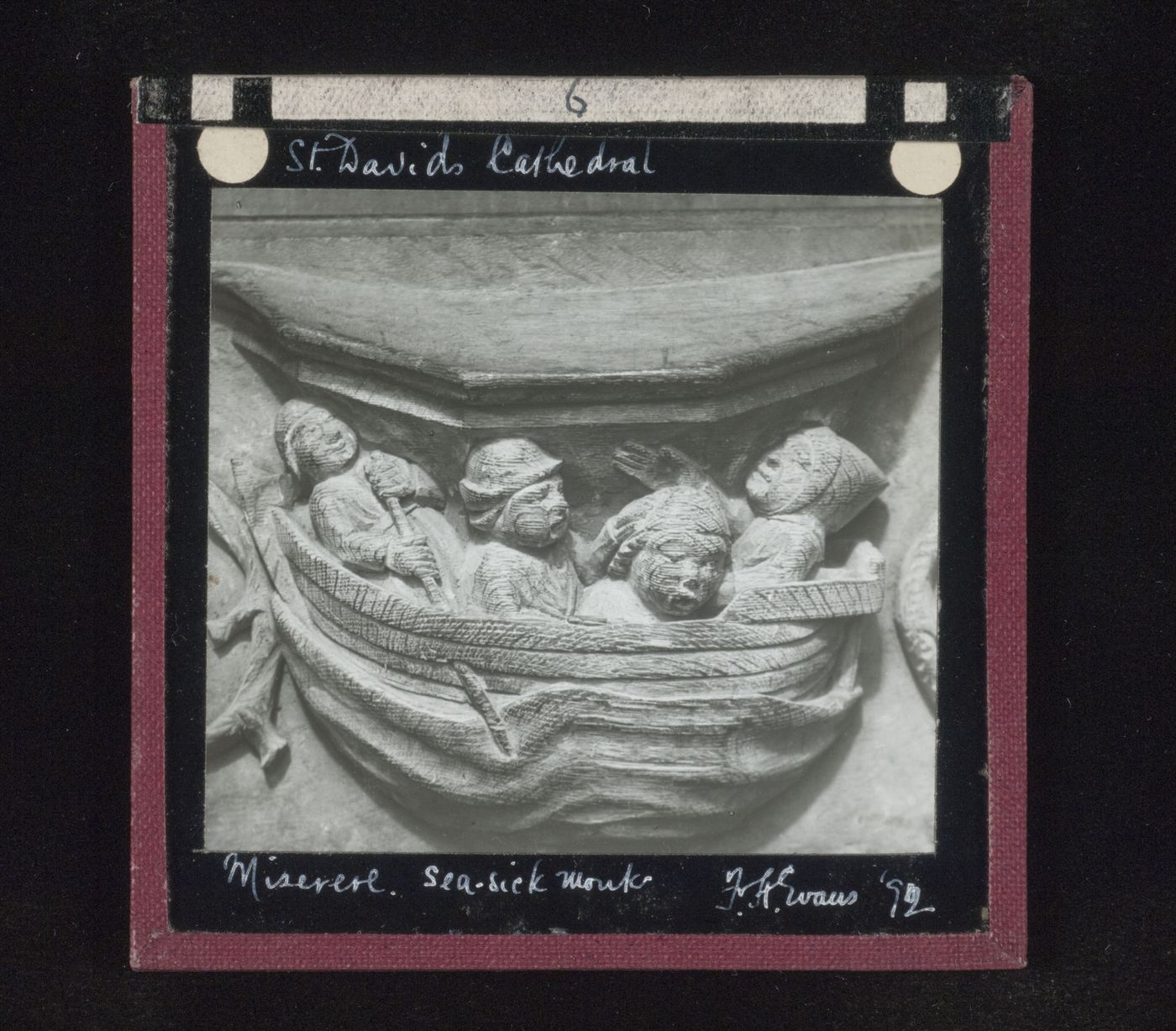 View of carved misericord of sea-sick monks, St. Davids Cathedral, St. David's, Wales