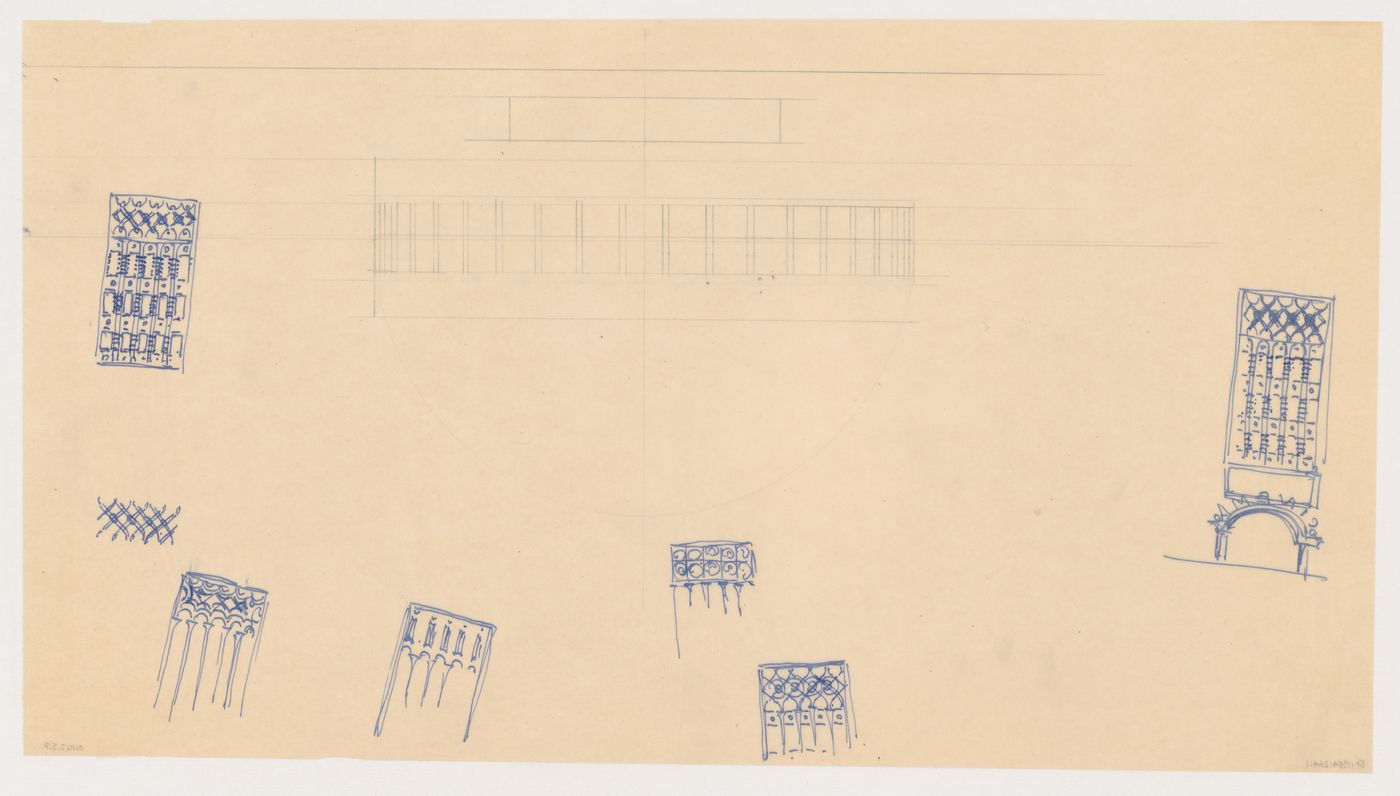 Elevation for a model for Café Viaduct and details for exterior ornament for a model for a cinema for the reconstruction of the Hofplein (city centre), Rotterdam, Netherlands