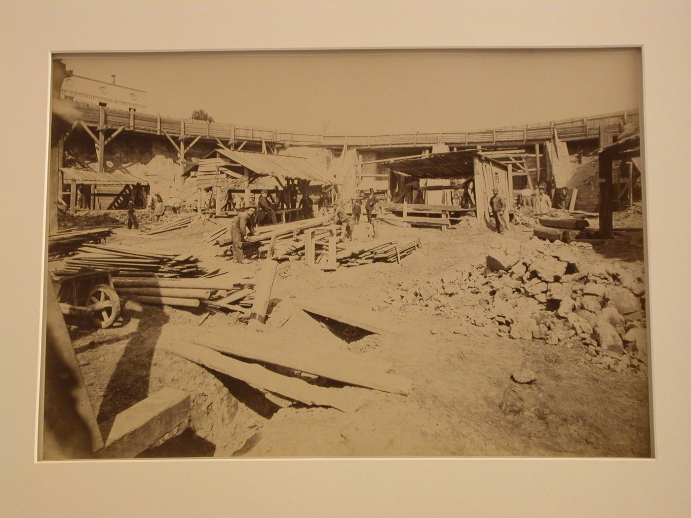 View of Sacré-Coeur construction site, with large trench in foreground, Paris, France