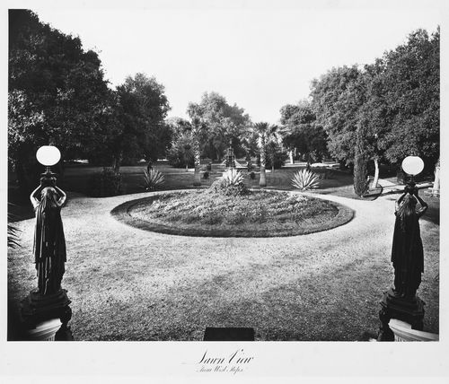 View of the estate grounds as seen from front steps, with statuary, Thurlow Lodge, Menlo Park, California