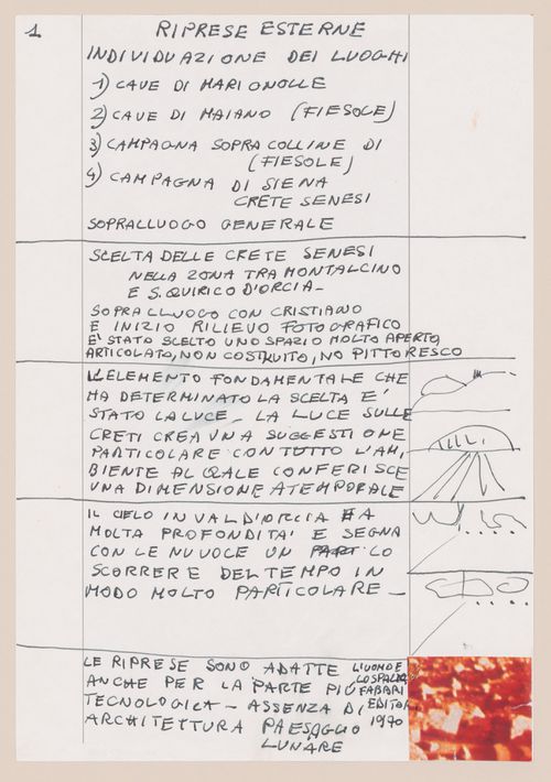 Page 1 of a storyboard describing filming locations and planning sketches of various scenes for Supersuperficie [Supersurface]