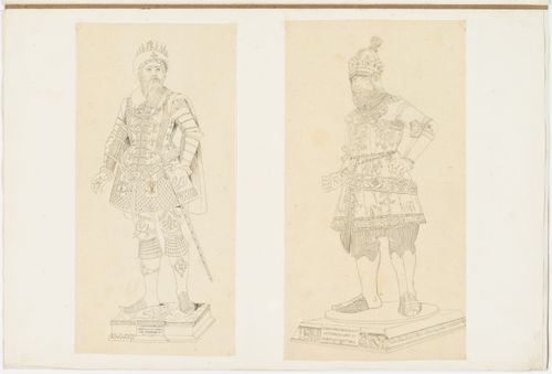 Drawings of statues of Clovis, the first Christian King of the Franks, and Ernst the Iron, Duke of Austria, Count of Habsburg and Tirol from the cenotaph of Maximilian I in the Hofkirche, Innsbruck