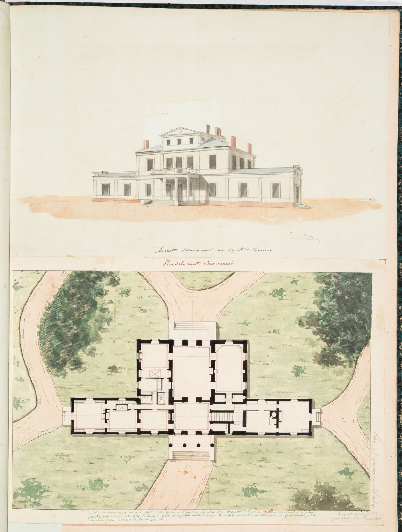 Project for a château for M. de Lorgeril, Motte Beaumanoir: Perspective and plan