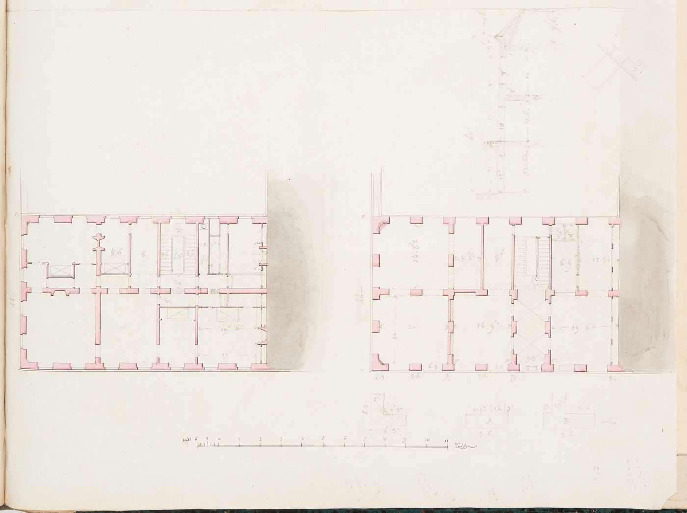 Plans and sketch section, possibly for a hôtel for the de Lorgeril family in Rennes
