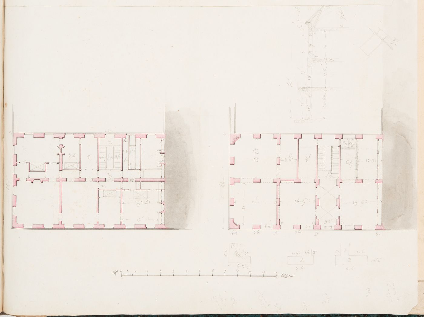 Plans and sketch section, possibly for a hôtel for the de Lorgeril family in Rennes