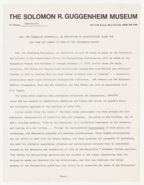 Press release by the Solomon R. Guggenheim Museum about OMA The Sparkling Metropolis