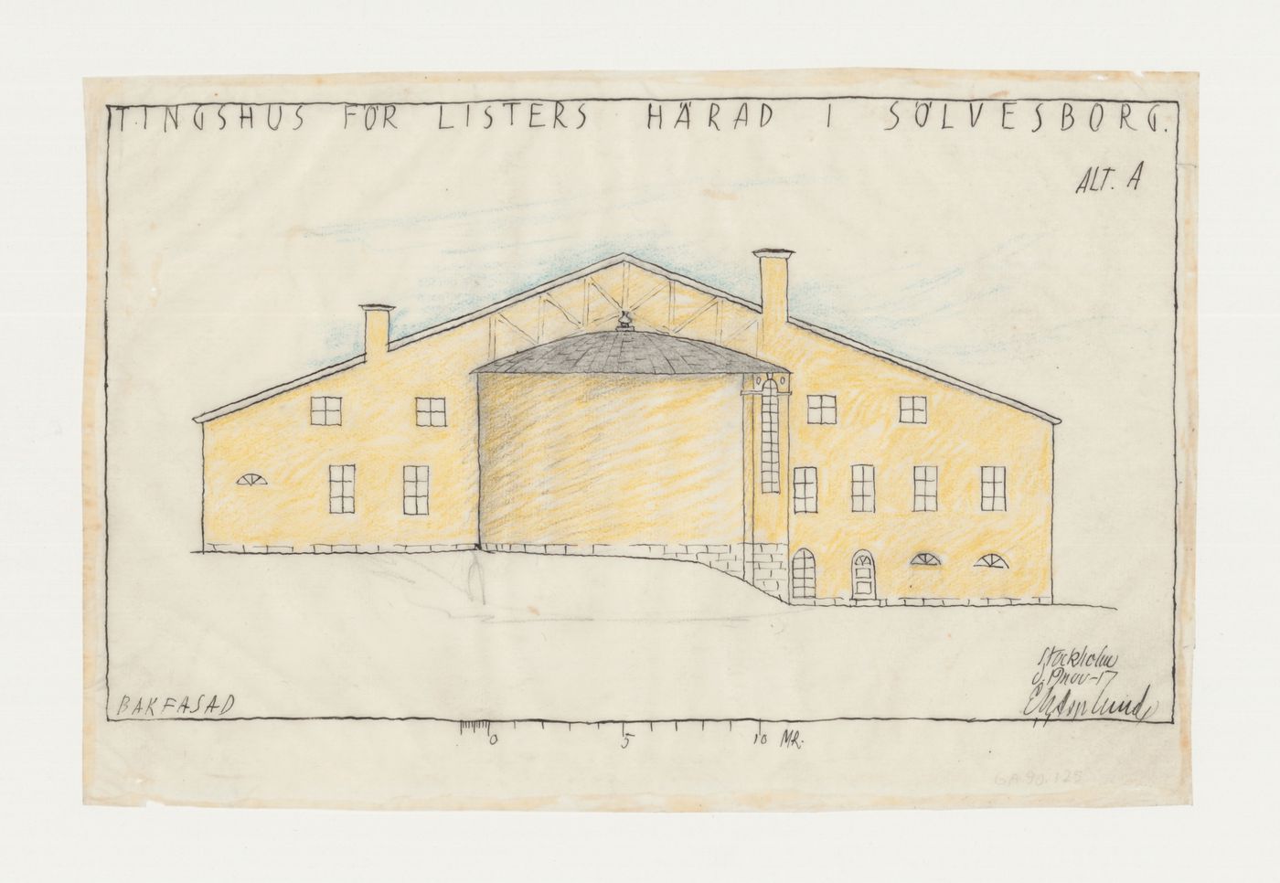 Rear elevation for Lister härads tingshus showing a circular courtroom, Sölvesborg, Sweden