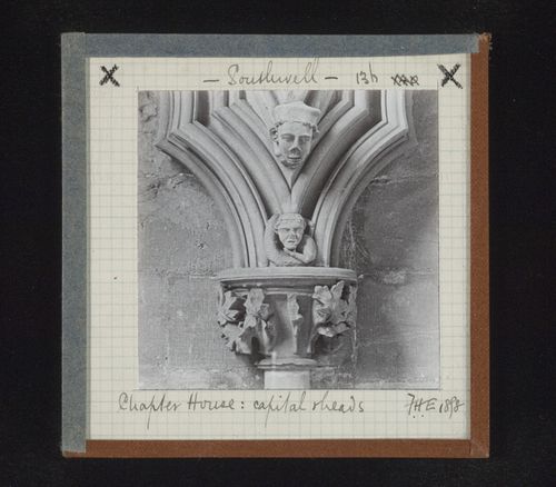 View of sculpture of head, grotesque sculpture and capital in Chapter House, Southwell Minster, Southwell, Nottinghamshire, England