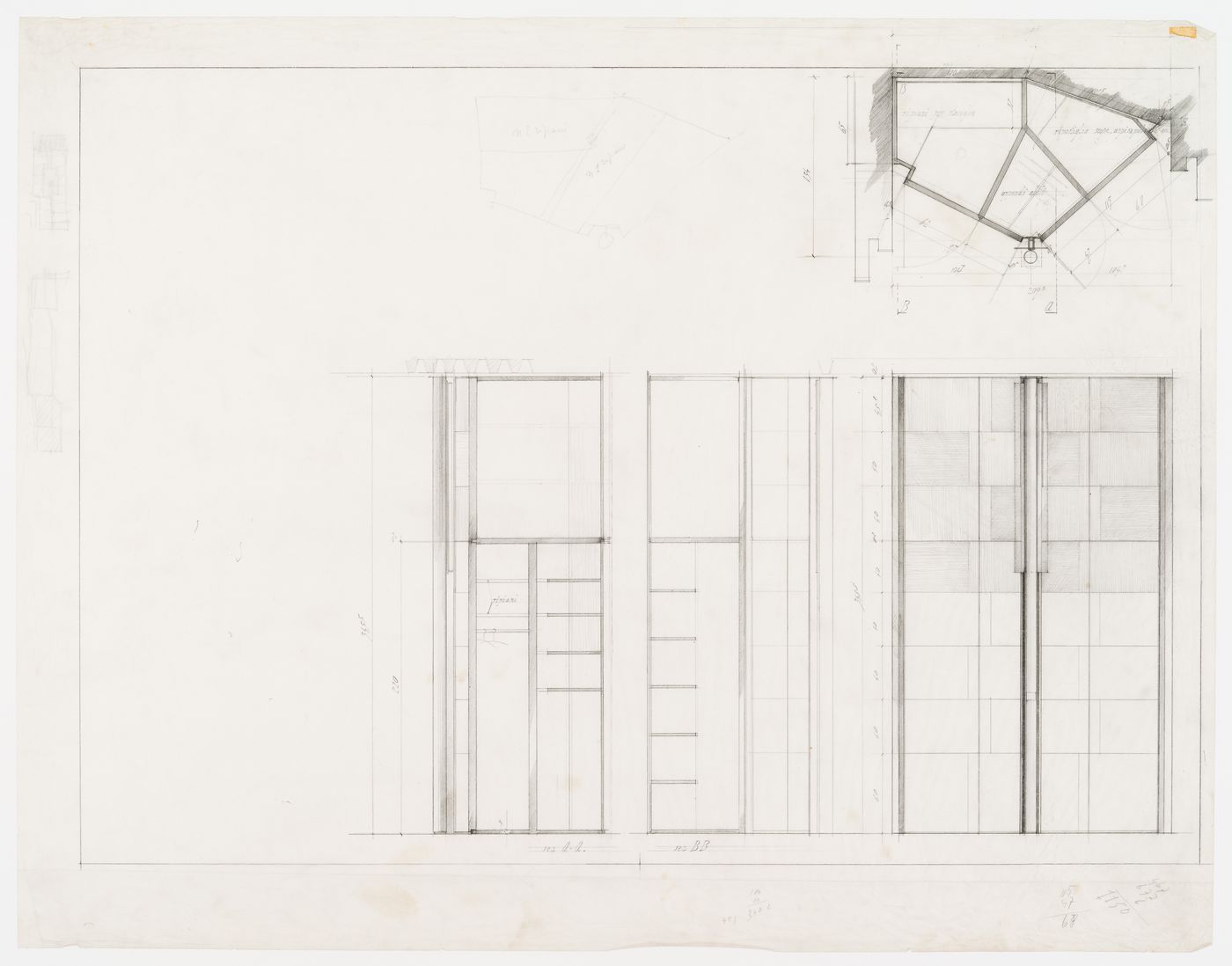 Plan, elevation and section of  closet in front of the stairs on the ground floor for Casa Frea, Milan, Italy