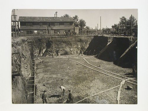 View of the Building of Industry foundation pit with the Bank of Savings in the background, Sverdlovsk, Soviet Union (now Ekaterinburg, Russia)