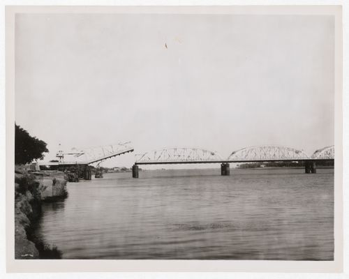 Landscape view of the Blue Nile Road and Railway Bridge with its drawbridge raised, Khartoum, Sudan