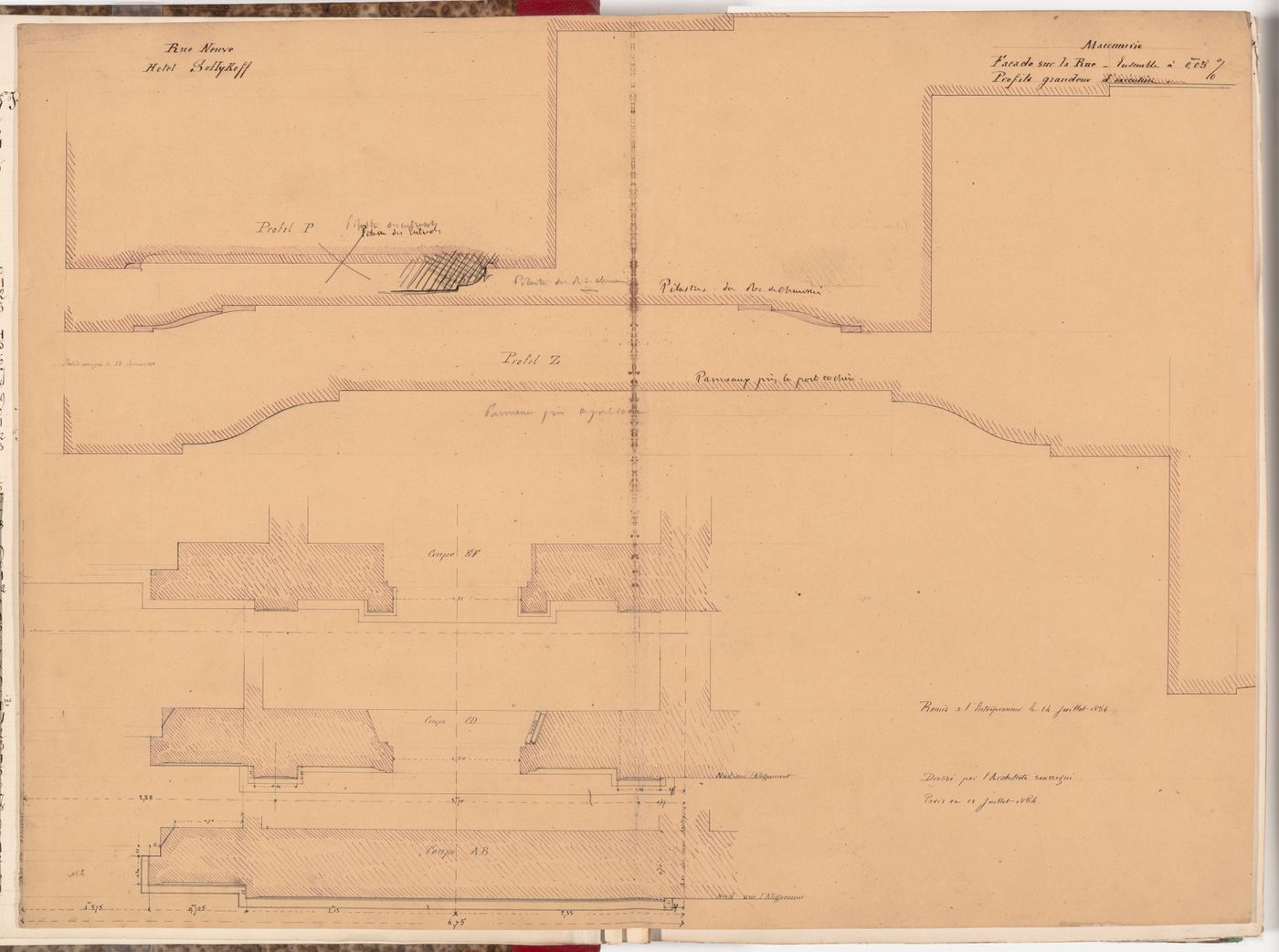 Plans and full-scale profiles for the pilasters and panels for the principal façade, Hôtel Soltykoff