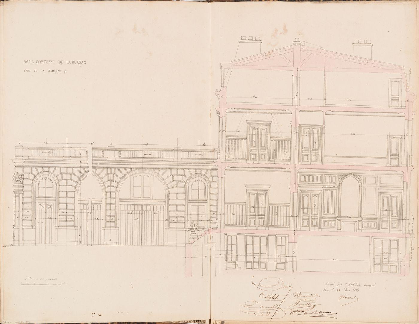 Contract drawing for a house for Madame la comtesse de Lubersac, 95 rue de la Pépinière, Paris: Longitudinal section through the courtyard