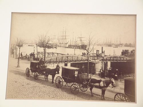 View of harbor with steamship landing berths, Hamburg, Germany